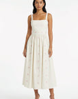Fanm Mon Arya Dress featuring delicate hydrangea embroidery, a square neckline, wide straps, and a gathered midi skirt.