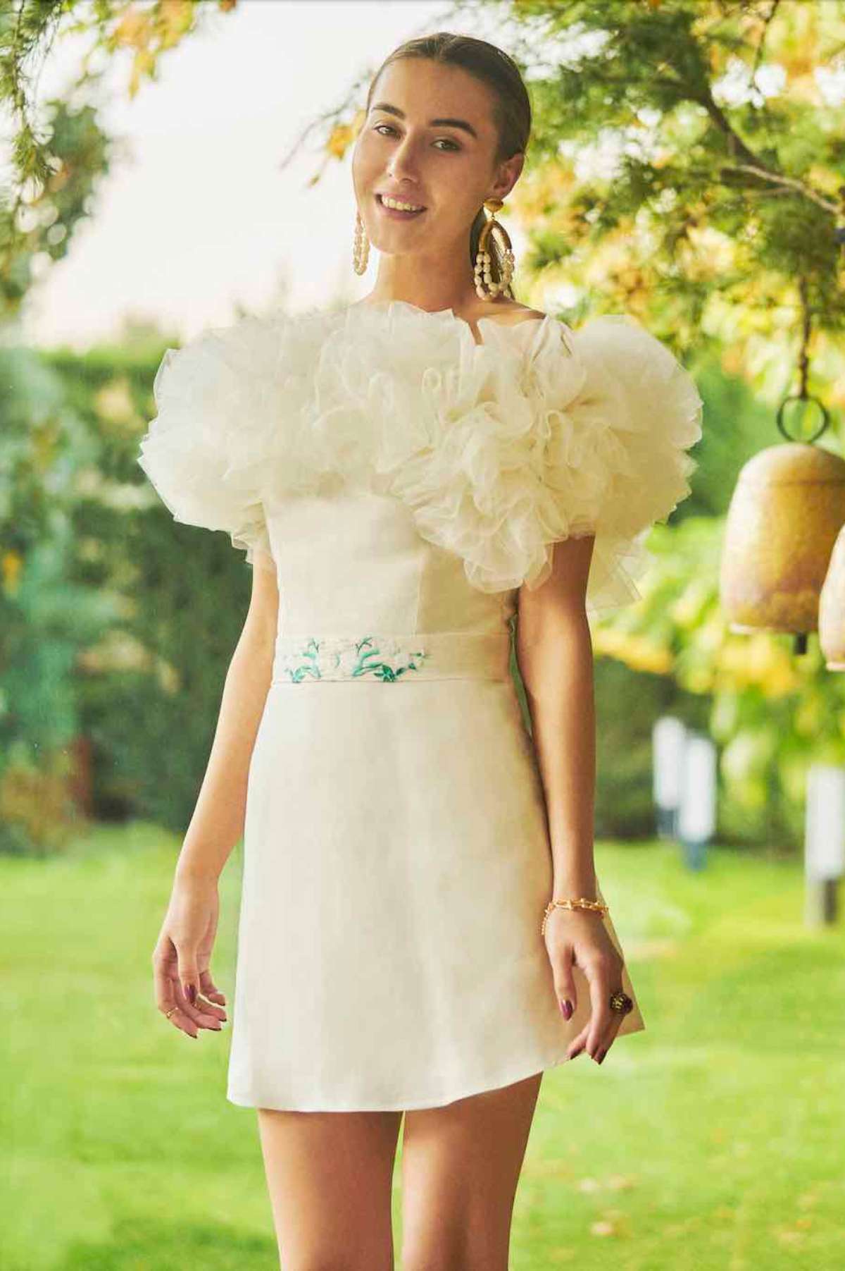 Fanm Mon Tulle and Embroidered Chantal Mini Linen Dress in Golden Haze.