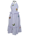 Fanm Mon Lilac halter dress with butterfly embroidery on a white background.