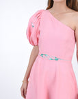Fanm Mon Ayisha Linen Dress, detail of puff sleeve featuring floral embroidery on sleeve and waist belt.