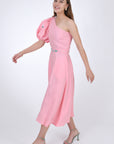 Fanm Mon Ayisha Midi Linen one shoulder Dress, side view with movement. Featuring a puff sleeve one shoulder design with embroidered floral pattern.