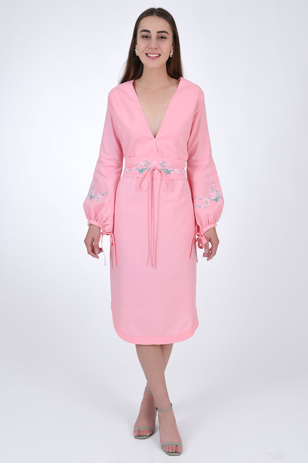 Fanm Mon Linen Esma Midi Longsleeve Dress. Front View.