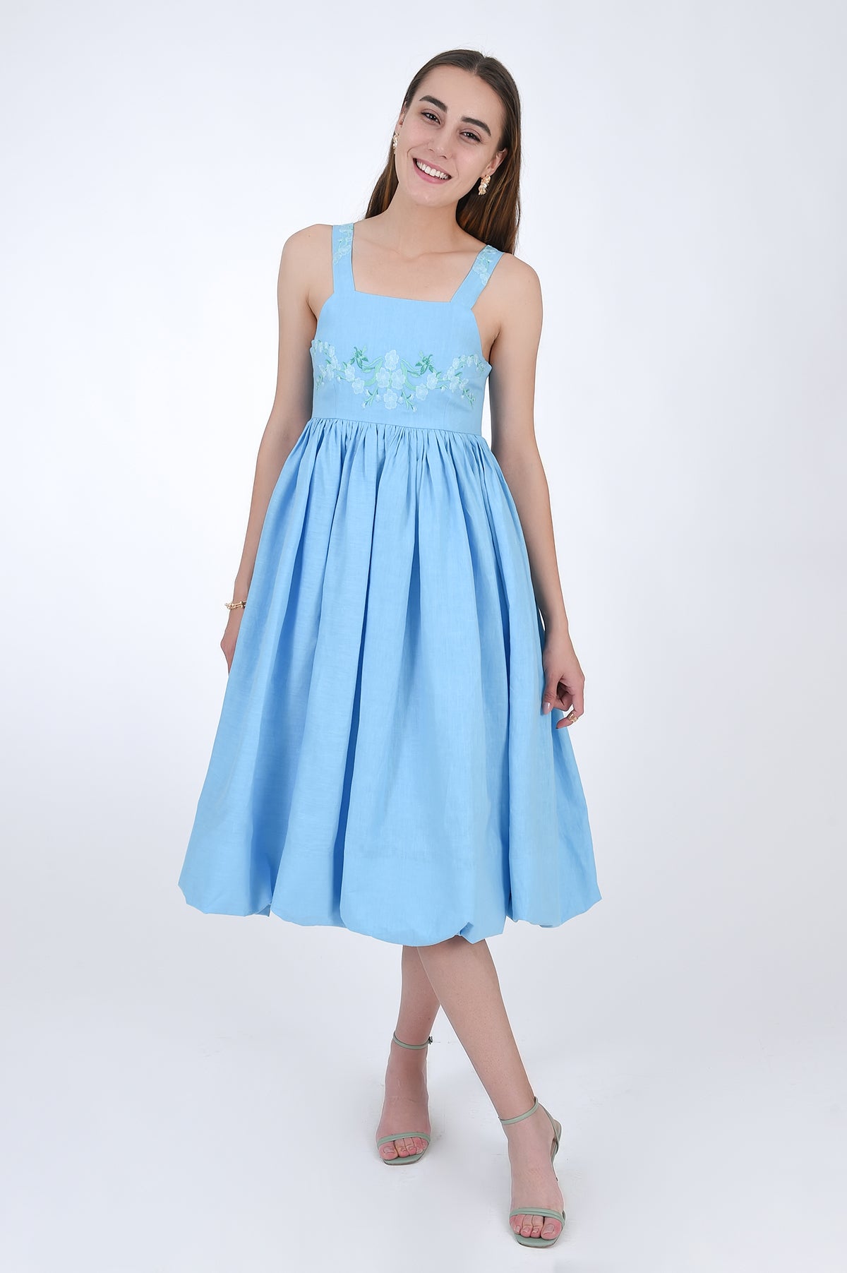 Fanm Mon Meliza 100% Linen Balloon Skirted Dress with Embroidered Detail, Front View.
