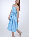Meliza Linen Balloon Skirted Dress with Embroidered Detail, Side View.