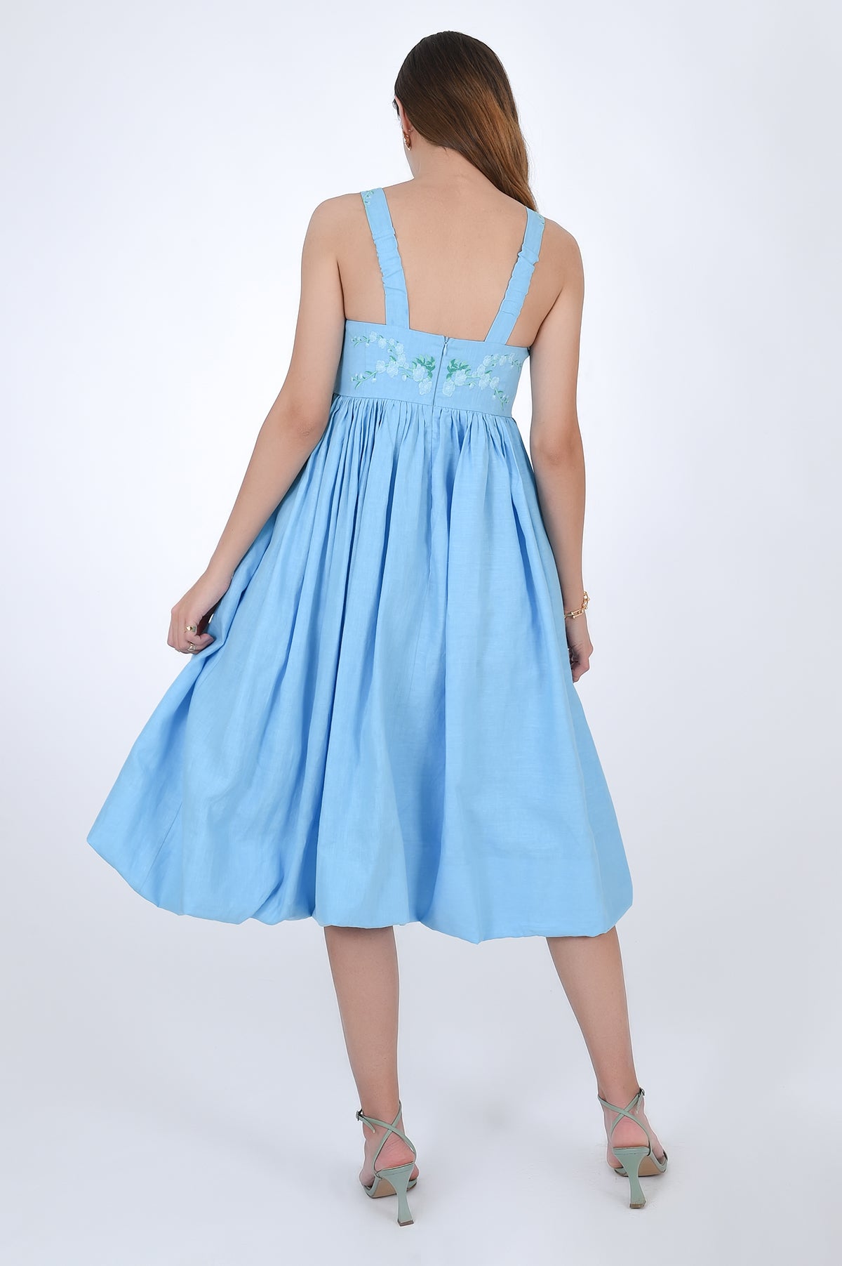 Fanm Mon Meliza 100% Linen Balloon Skirted Dress with Embroidered Detail, Back View. 
