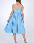 Fanm Mon Meliza 100% Linen Balloon Skirted Dress with Embroidered Detail, Back View. 