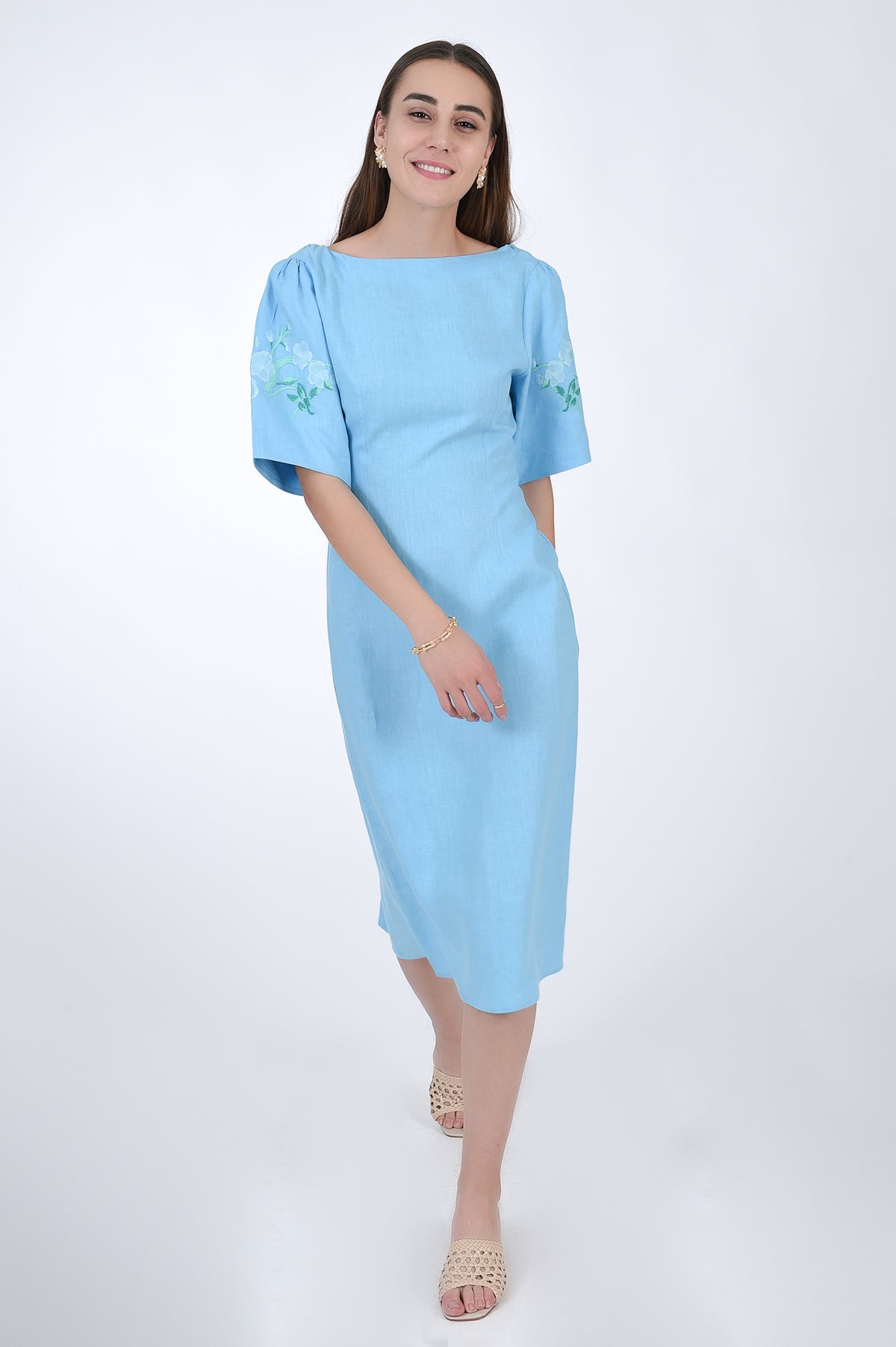 Linen Naif Midi Dress, Front View.