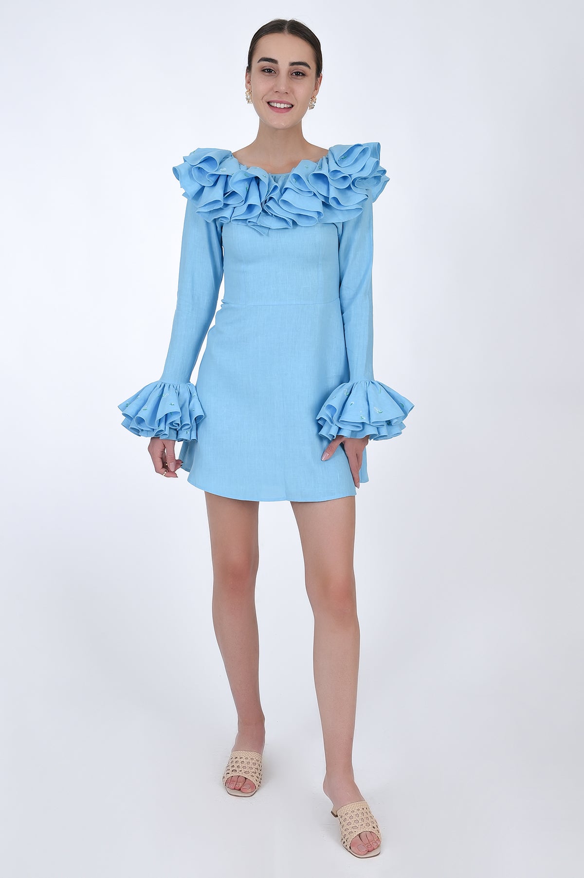 Fanm Mon Frivol Ruffle Long Sleeve Linen Dress, Front View.