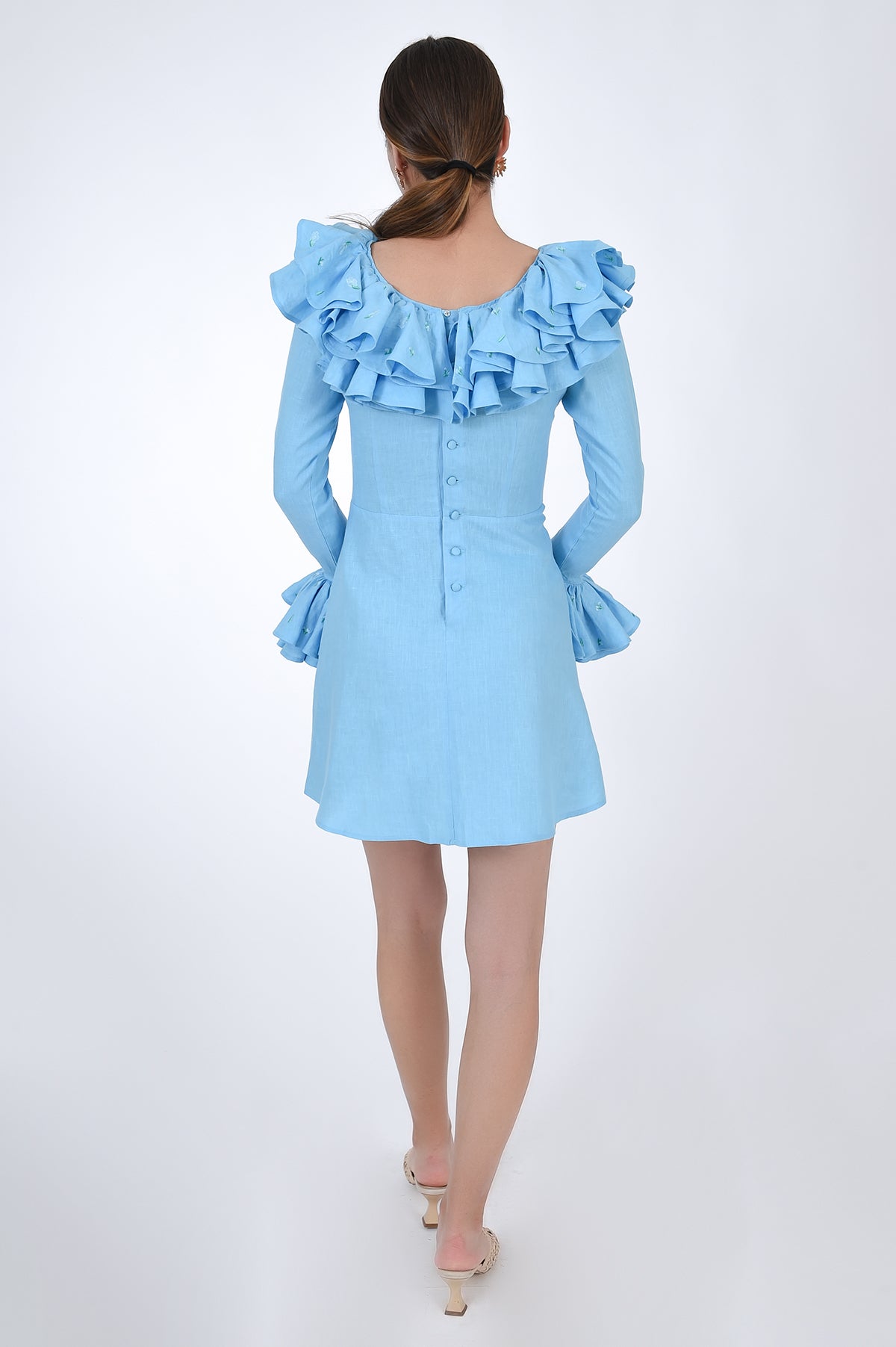 Fanm Mon Frivol Ruffle Long Sleeve Linen Dress, Back View.
