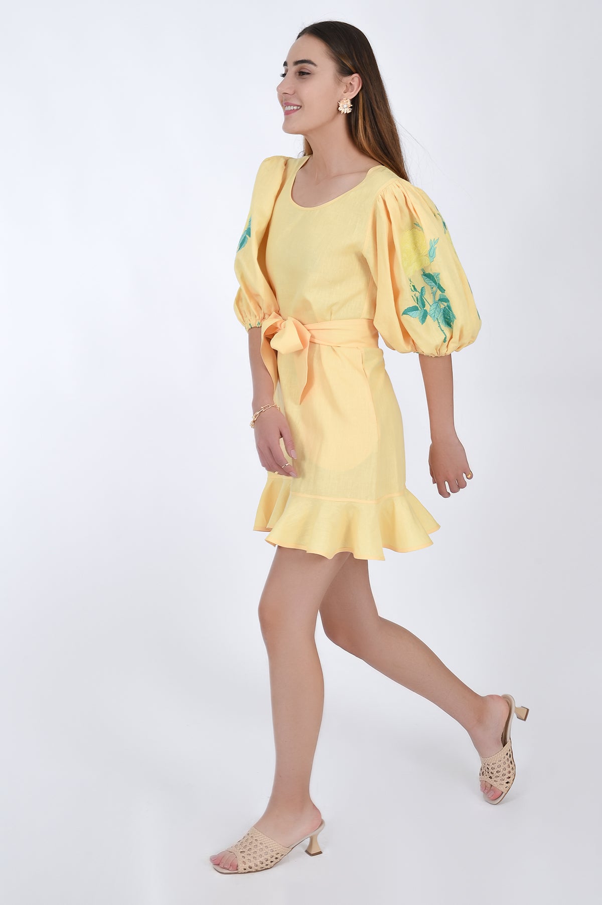 Naril Linen Dress, Side View, Showcasing sleeve length and embroidery detail.