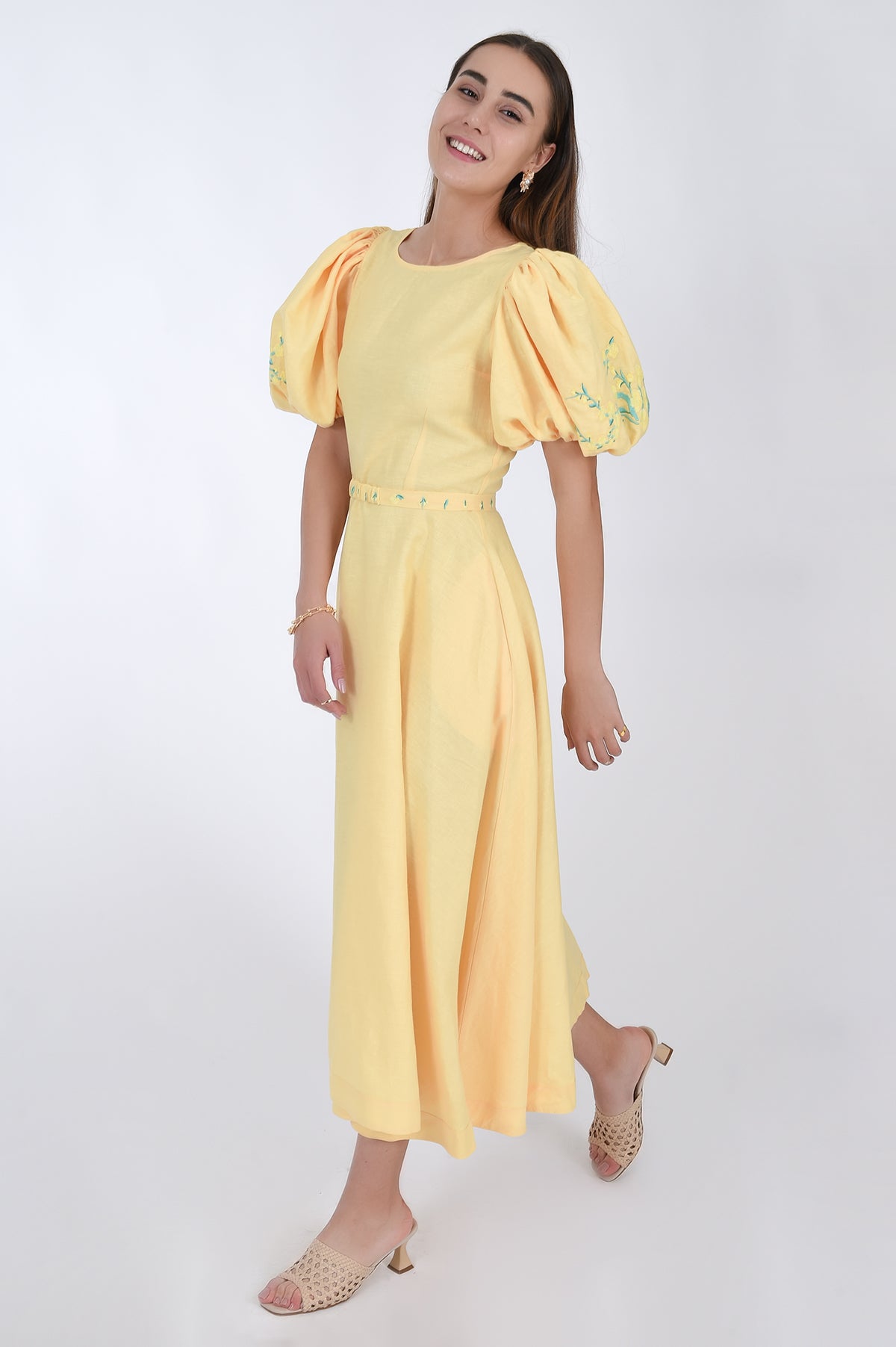 Nazz Linen Midi Dress with Puff Sleeves featuring Embroidery detail, Side View