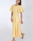 Nazz Linen Midi Dress with Puff Sleeves featuring Embroidery detail, Side View