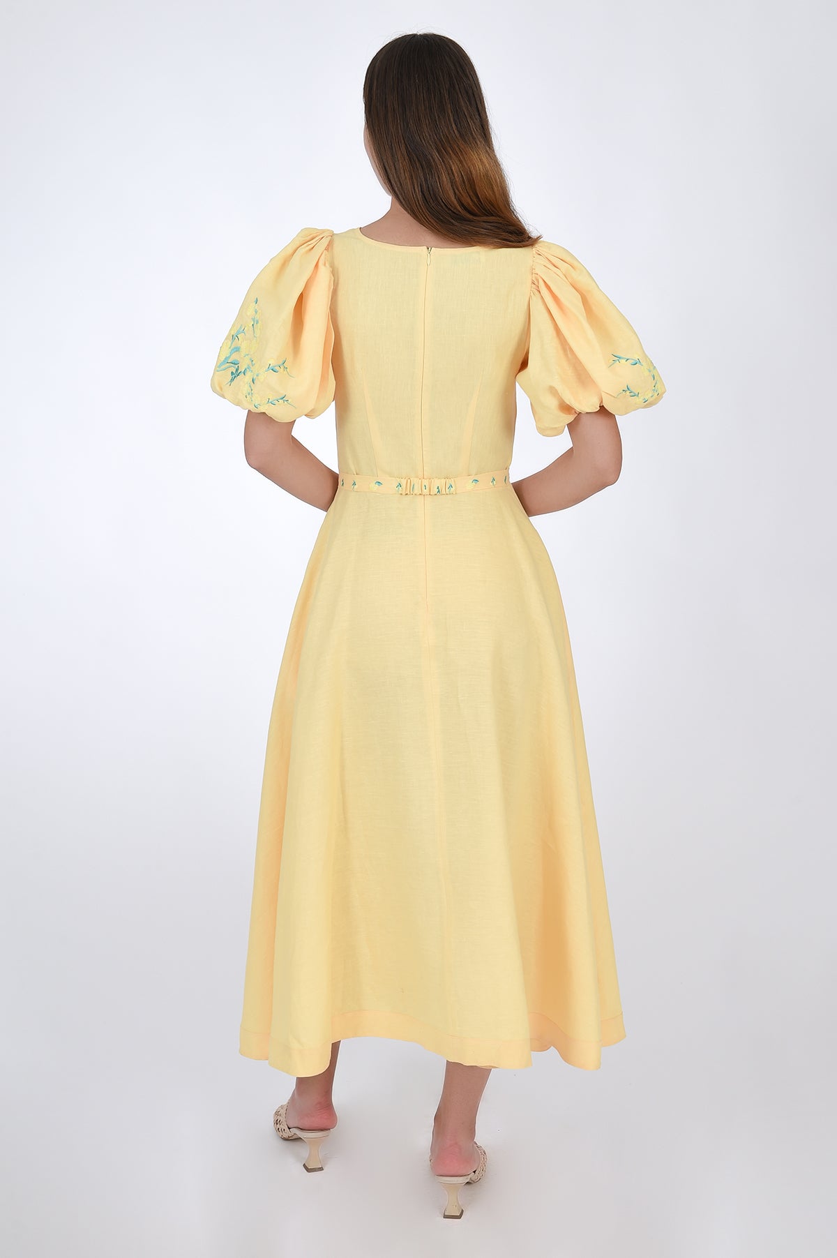 Nazz Linen Midi Dress with Puff Sleeves featuring Embroidery detail, Back View (showcasing back zipper).