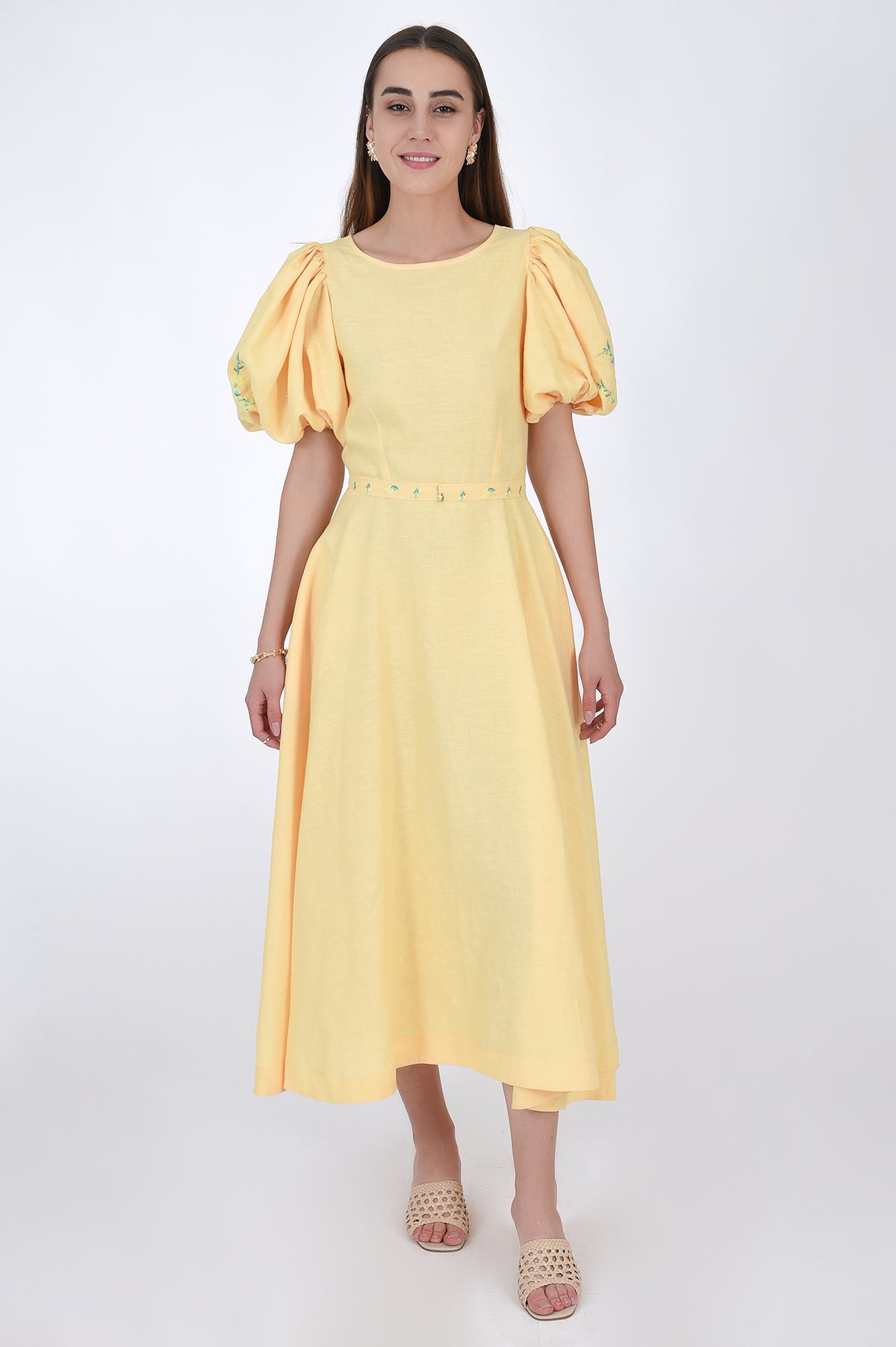 Nazz Linen Midi Dress with Puff Sleeves featuring Embroidery detail, Front View