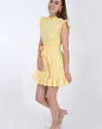 Fanm Mon Lakel Linen Choker Ruffle Neck Embroidered Mini Dress, Side View.