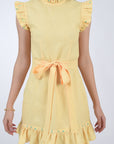 Fanm Mon Lakel Linen Choker Ruffle Neck Embroidered Mini Dress detail view of belt and embroidery.