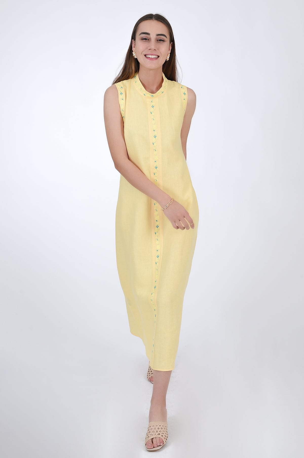 Fanm Mon Mara Linen Midi Dress, Front View.