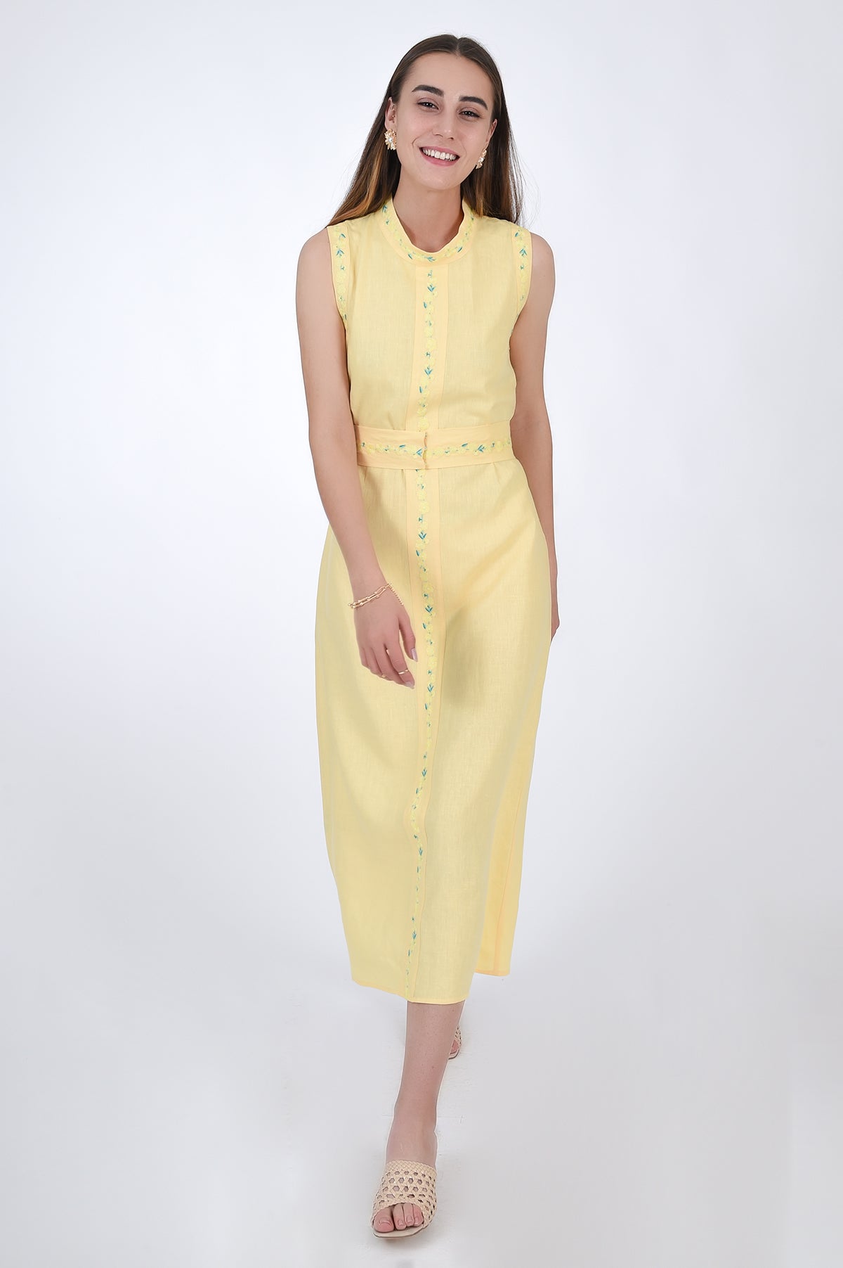 Mara Midi Linen Dress, in Golden Haze, Front View.