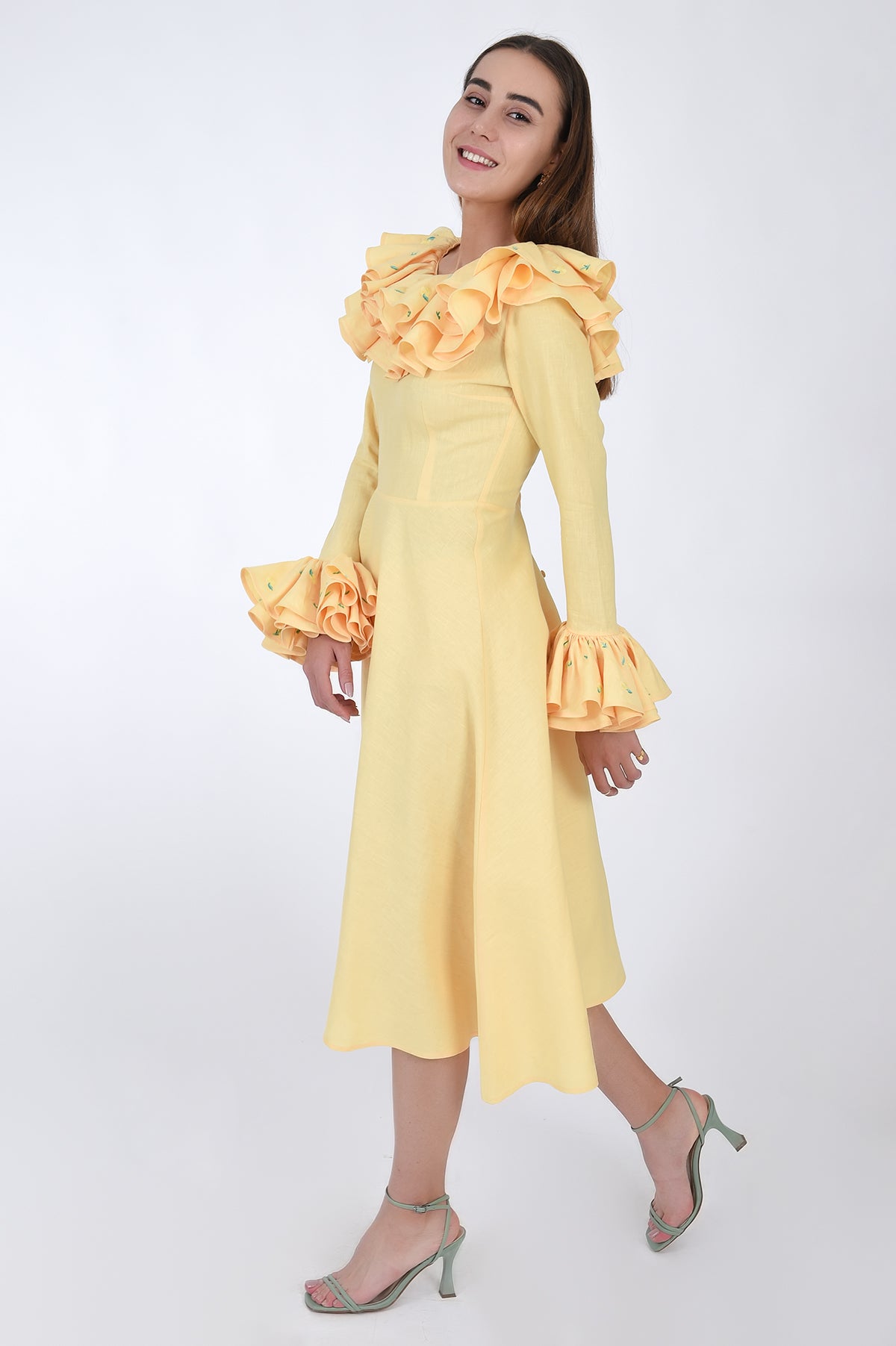 Fanm Mon Volant Ruffle Linen Dress, Side Vliew.
