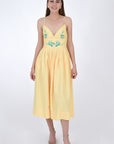 Fanm Mon Emile Embroidered Linen Dress, Front View. Midi Length Linen Dresswith a flattering silhouette features spaghetti straps, an elegant V-neck line.