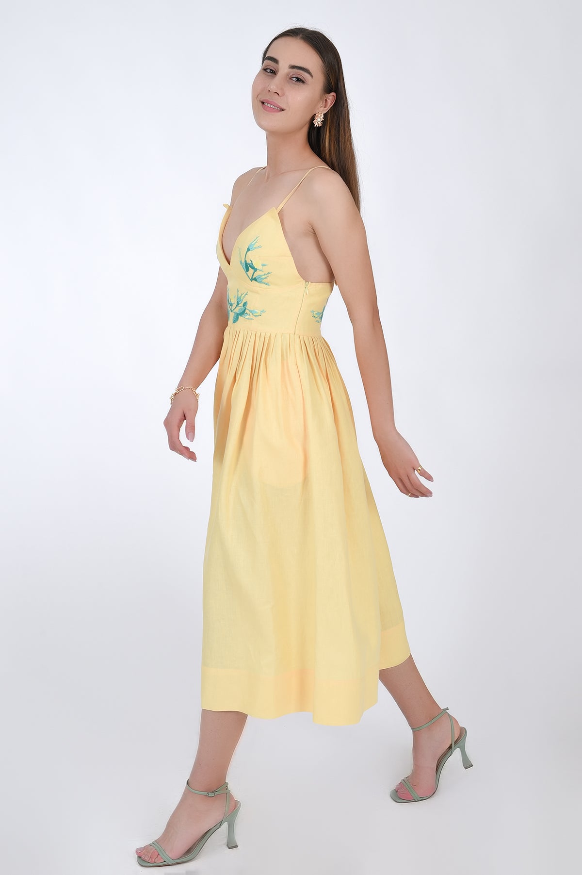 Fanm Mon Emile Embroidered Linen Dress, Side View. 