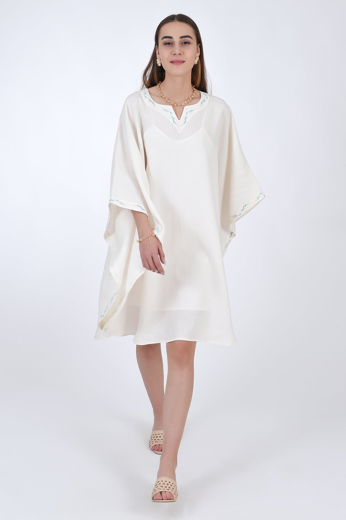 Fanm Mon Lage Linen Kaftan Dress in Ivory, Front View.