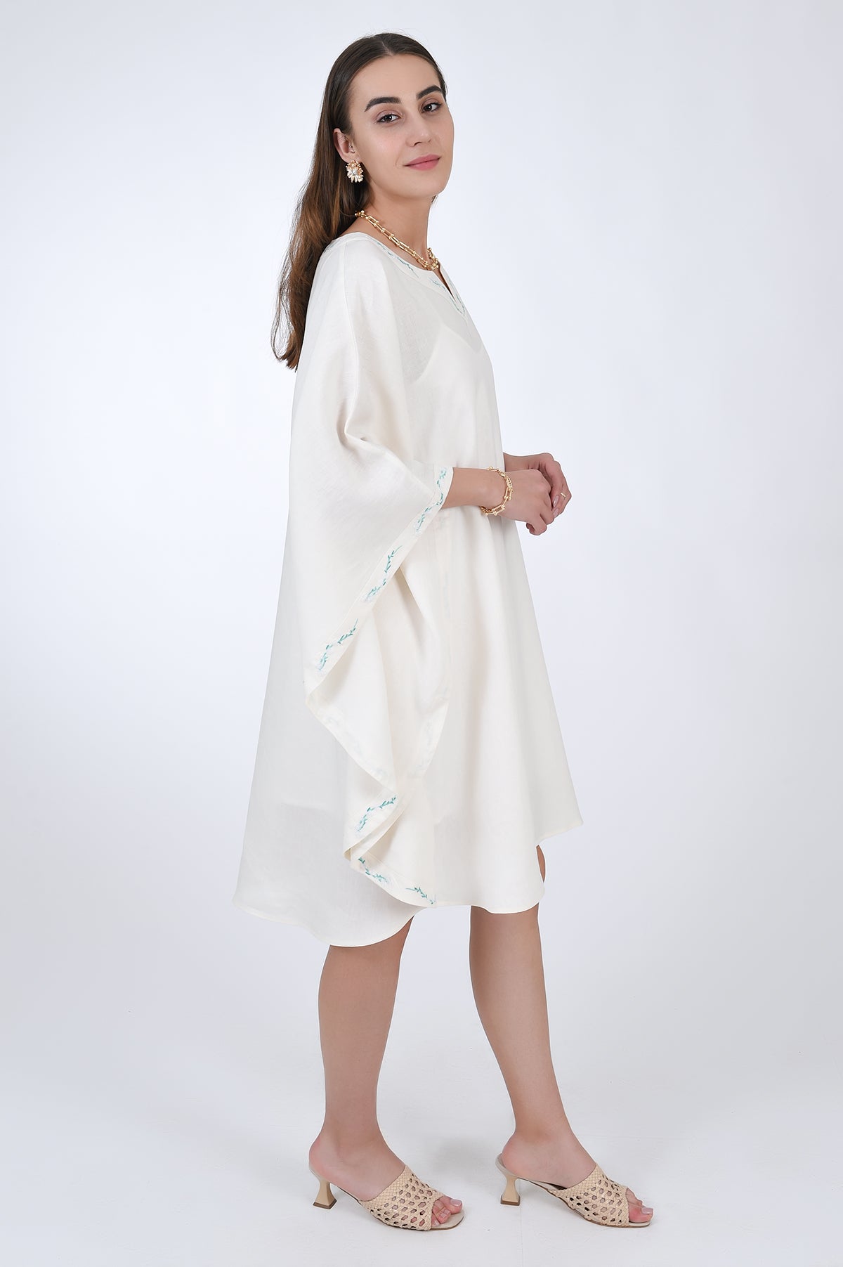 Fanm Mon Lage Linen Kaftan Dress in Ivory, Side View.