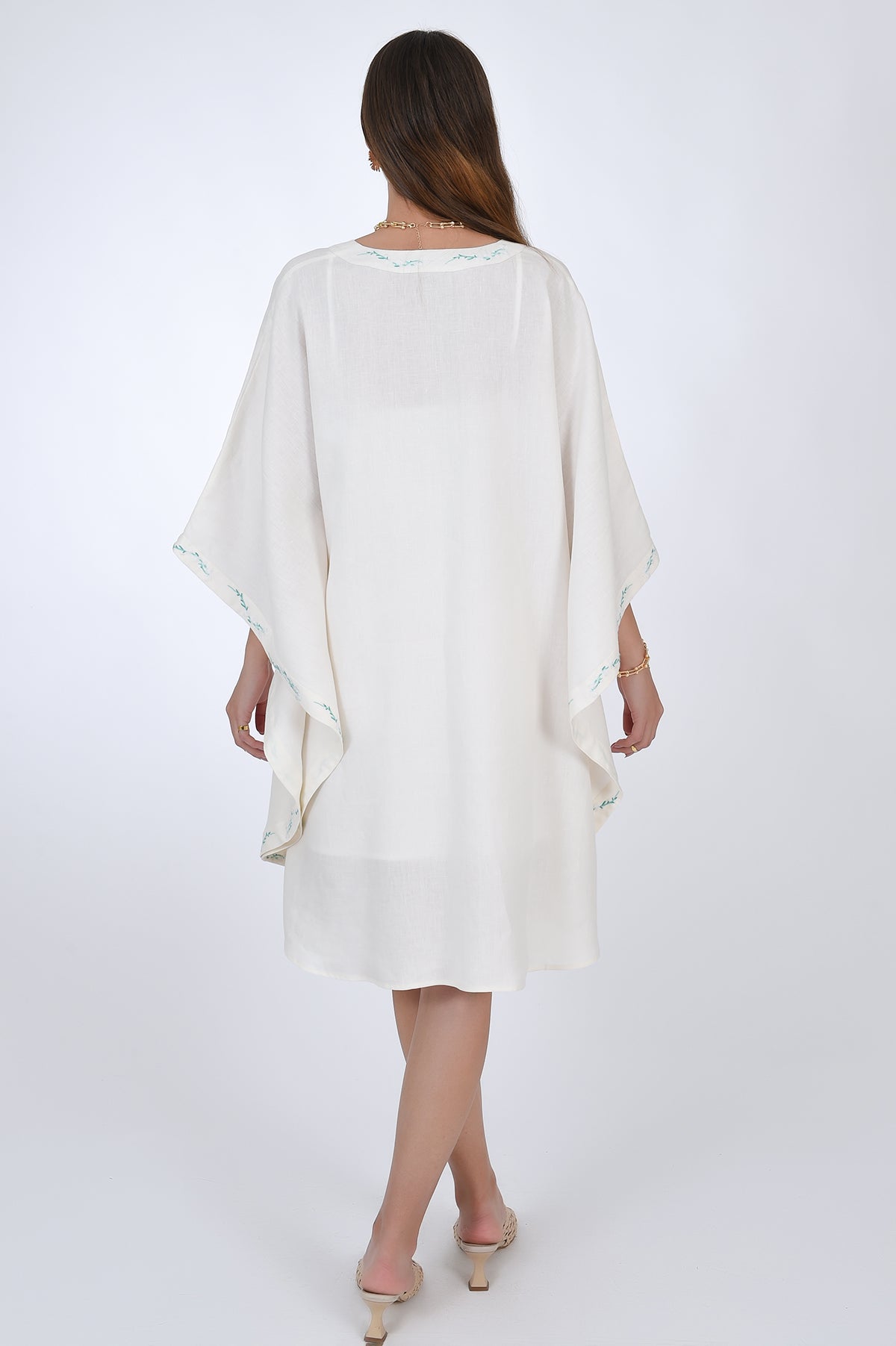 Fanm Mon Lage Linen Kaftan Dress in Ivory, Back View.