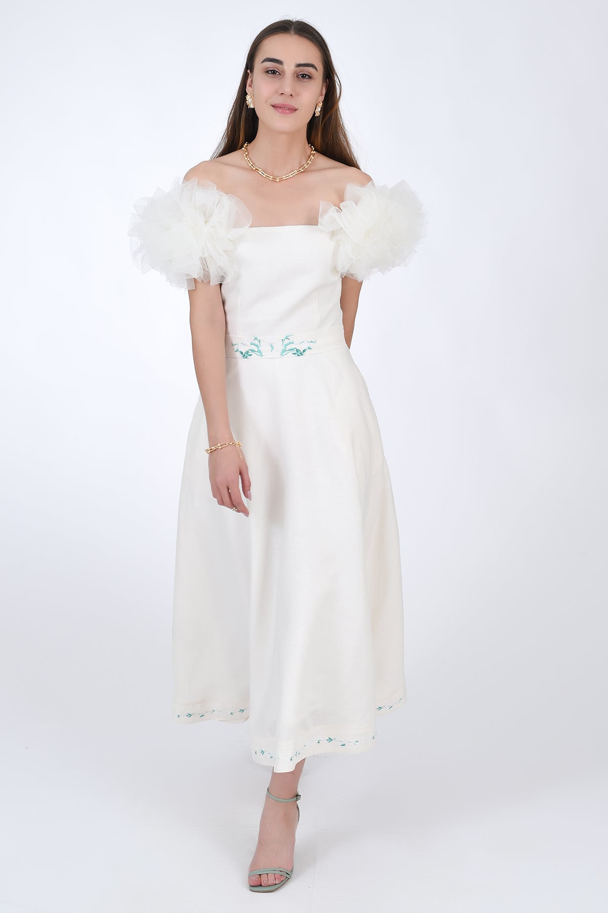 Fanm Mon Afyon Dress with tulle sleeve detail and embroidery.