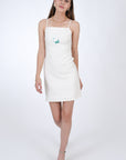 Arel Linen Mini Spaghetti Strap Dress featuring embroidery detail on the front.