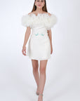 Fanm Mon Chantal Midi Linen A line dress, front view. featuring off shoulder tulle and embroidery details on the body.