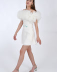 Fanm Mon Chantal Midi Linen A line dress, side view. featuring off shoulder tulle and embroidery details on the body.