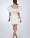 Fanm Mon Chantal Midi Linen A line dress, back view. featuring off shoulder tulle and embroidery details on the body.