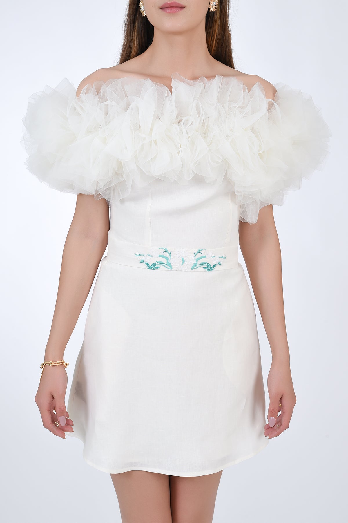 Fanm Mon Chantal Midi Linen showcasing off shoulder tulle and embroidery details on the removable waist belt.