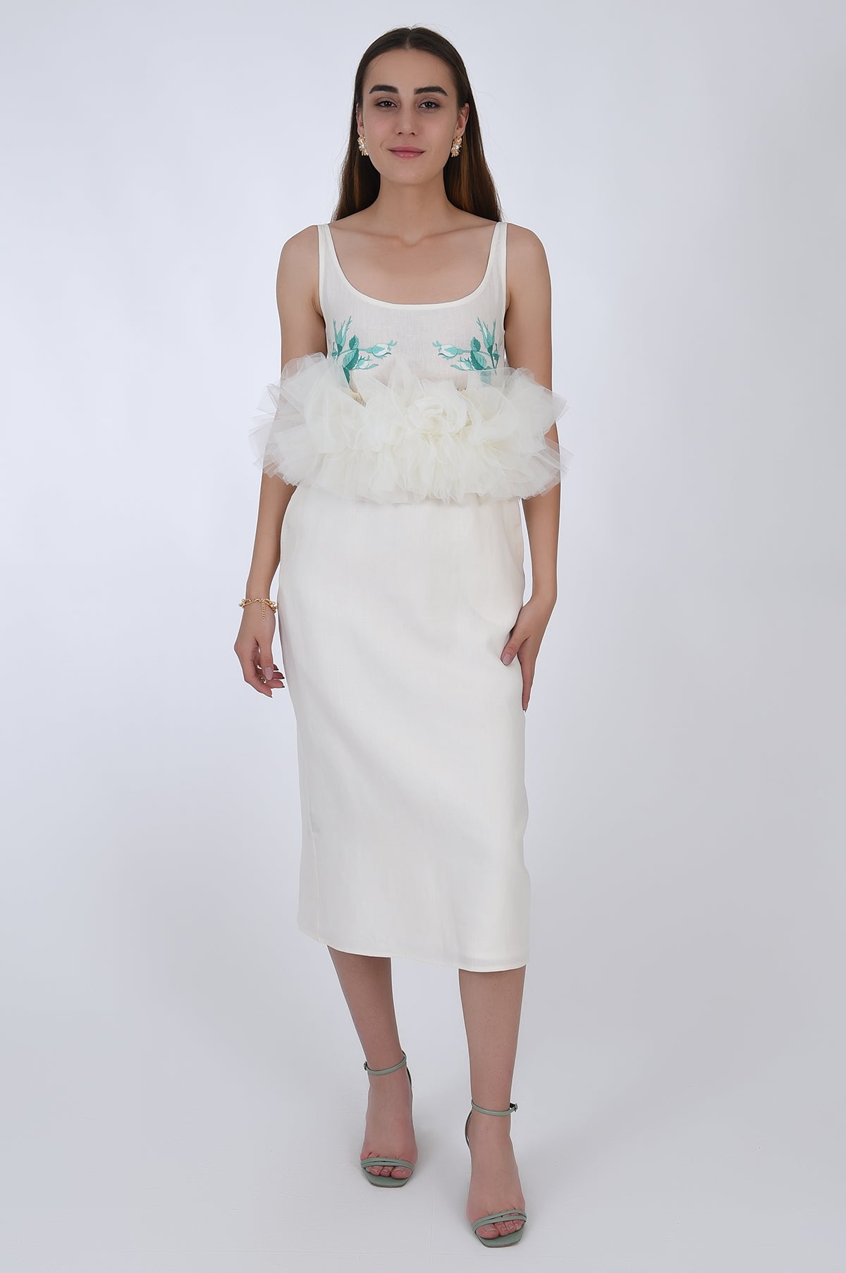 Fanm Mon Citra Linen & Tulle Midi Dress, front view. Featuring embroidery detail at the chest, and tulling at the waist.