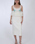 Fanm Mon Citra Linen & Tulle Midi Dress, front view. Featuring embroidery detail at the chest, and tulling at the waist.