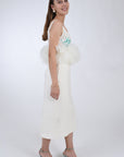 Fanm Mon Citra Linen & Tulle Midi Dress, side view. Featuring embroidery detail at the chest, and tulling at the waist.  