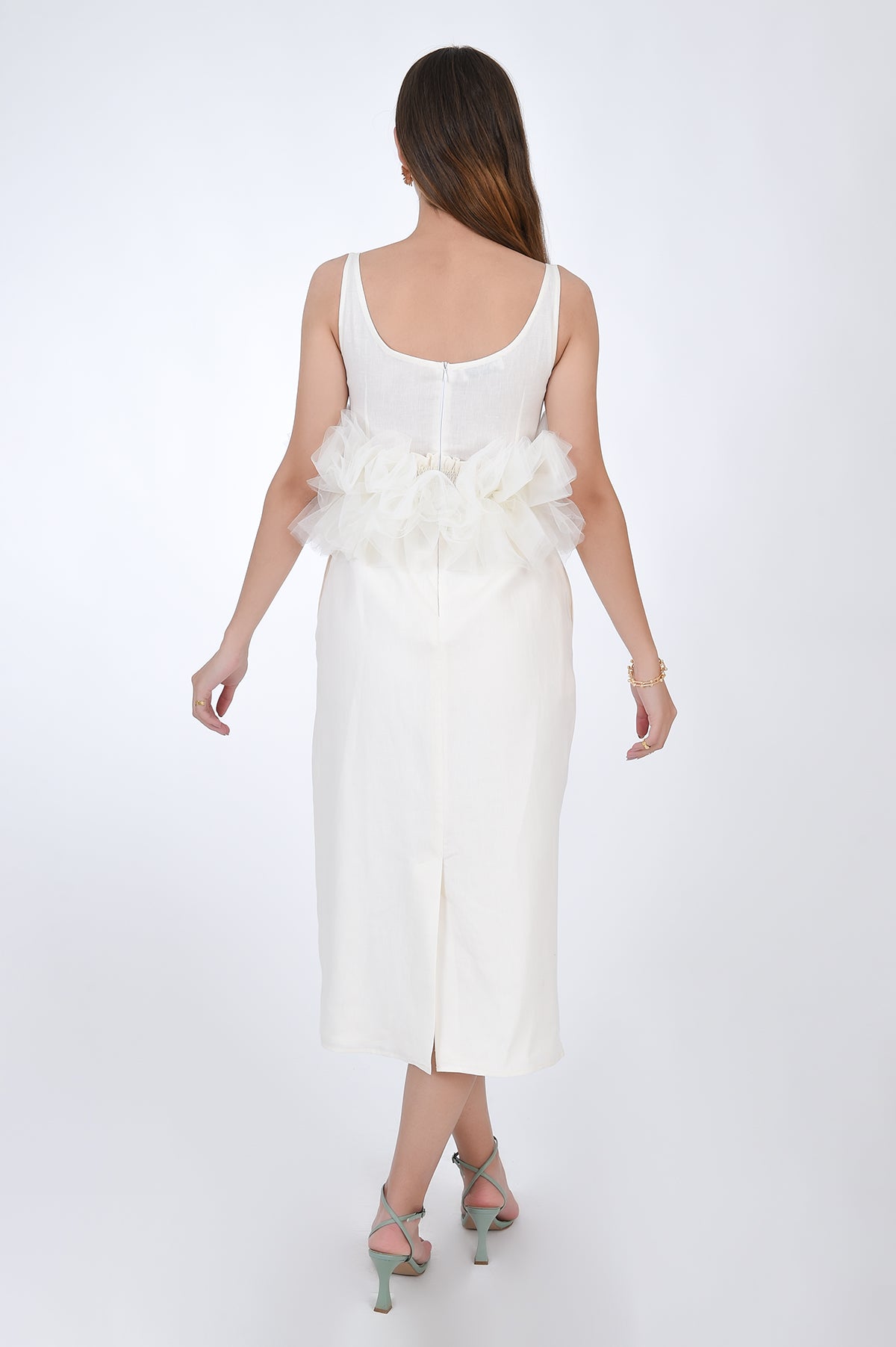 Fanm Mon Citra Linen & Tulle Midi Dress, back view. Featuring embroidery detail at the chest, and tulling at the waist.