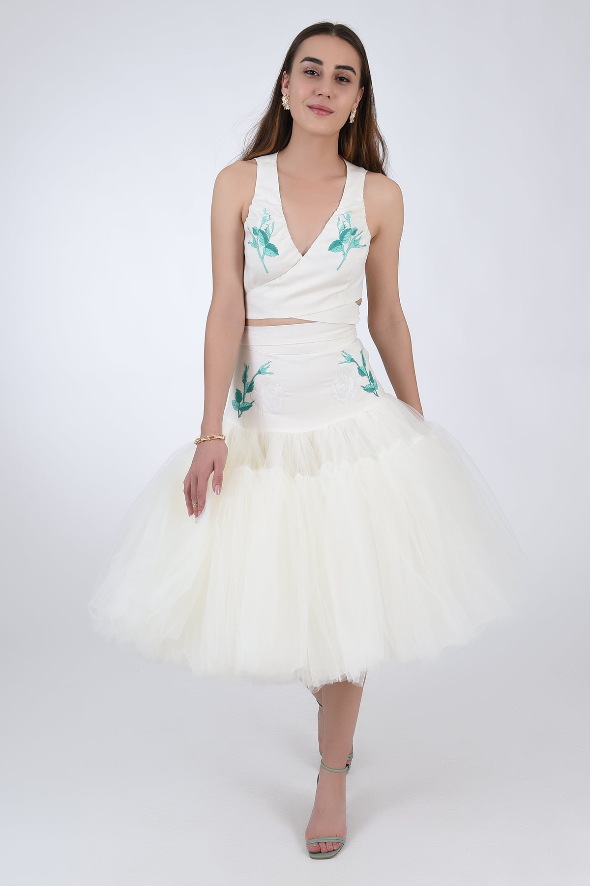 Seher Linen and Tulle Skirt &amp; Top Set, Front View