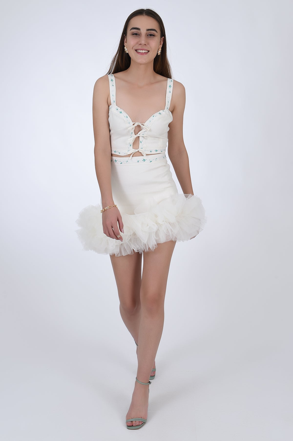 FOL 2 Piece Skirt and Top set, Front View. Featuring tie front top, and tulled short skirt.