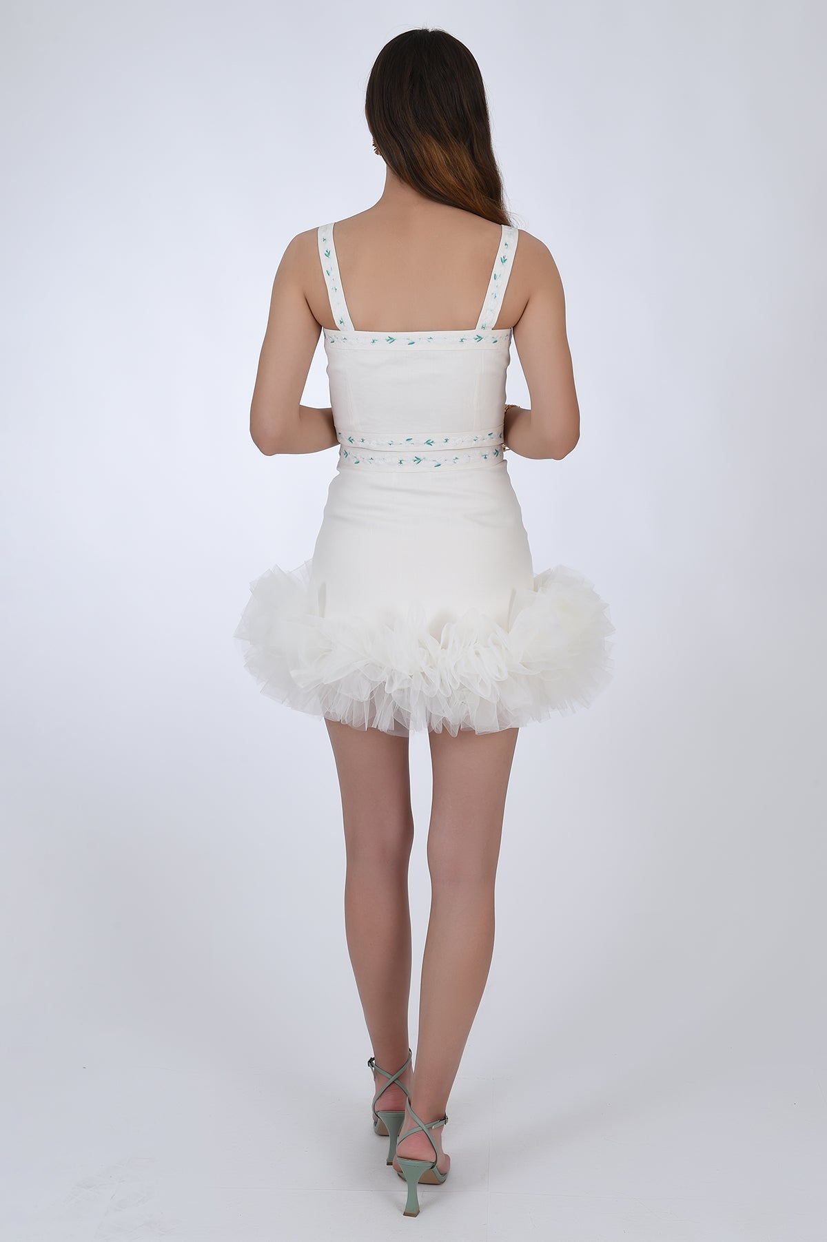 FOL 2 Piece Skirt and Top set, back View. Featuring tie front top, and tulled short skirt.