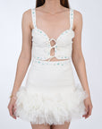FOL 2 Piece Linen & Tulle Skirt and Top set, detail view of embroidery and tie front.