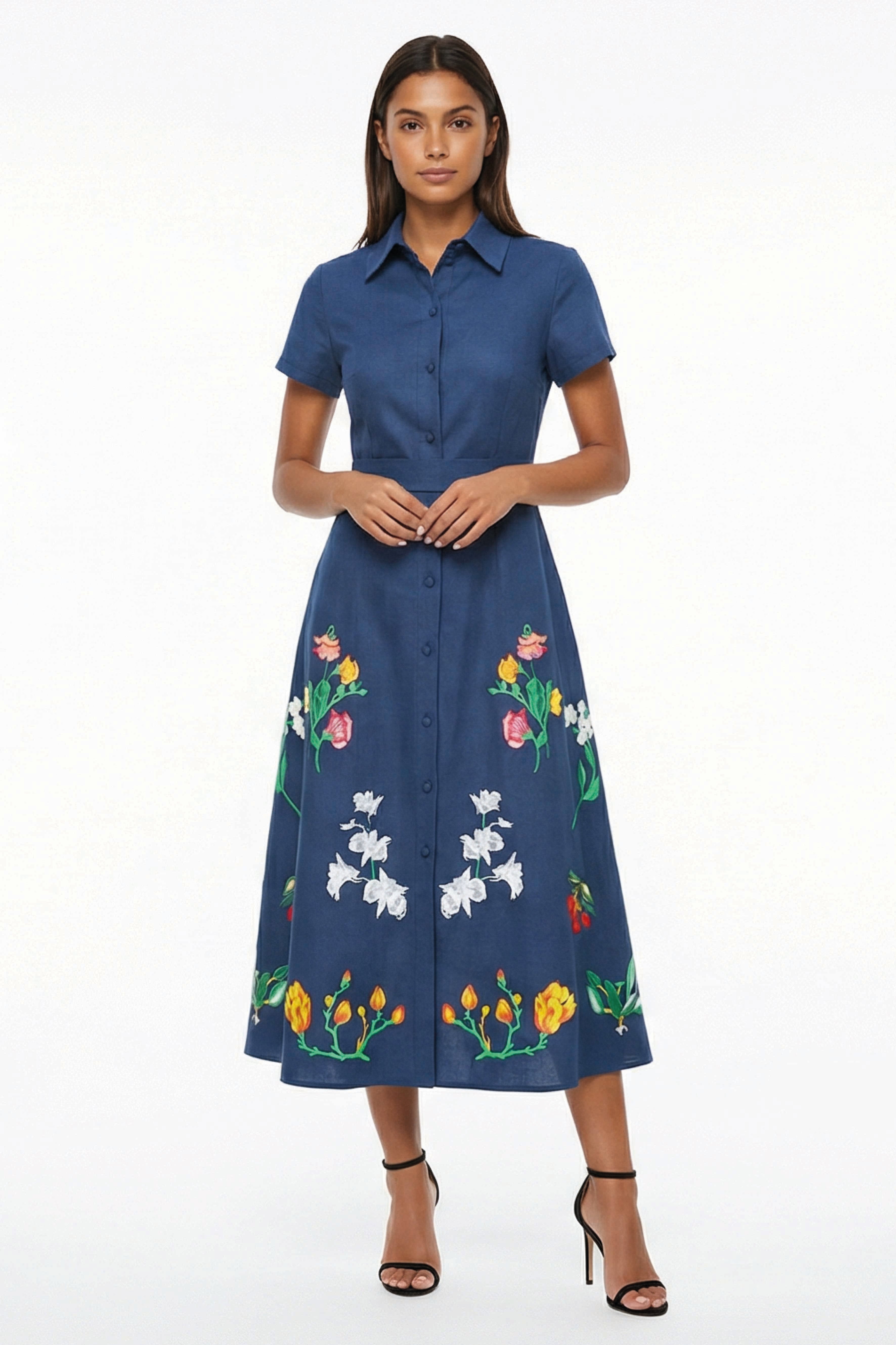 Elena Dress | Embroidered Midi Shirt Dress