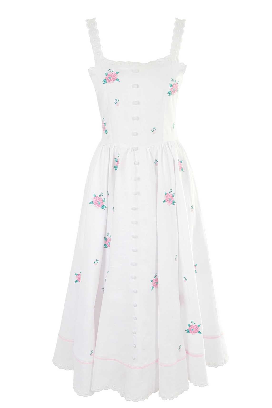 Fanm Mon x OTM Cathleen Midi Dress wtih Pink Floral Pink floral and Scallop Embroidery