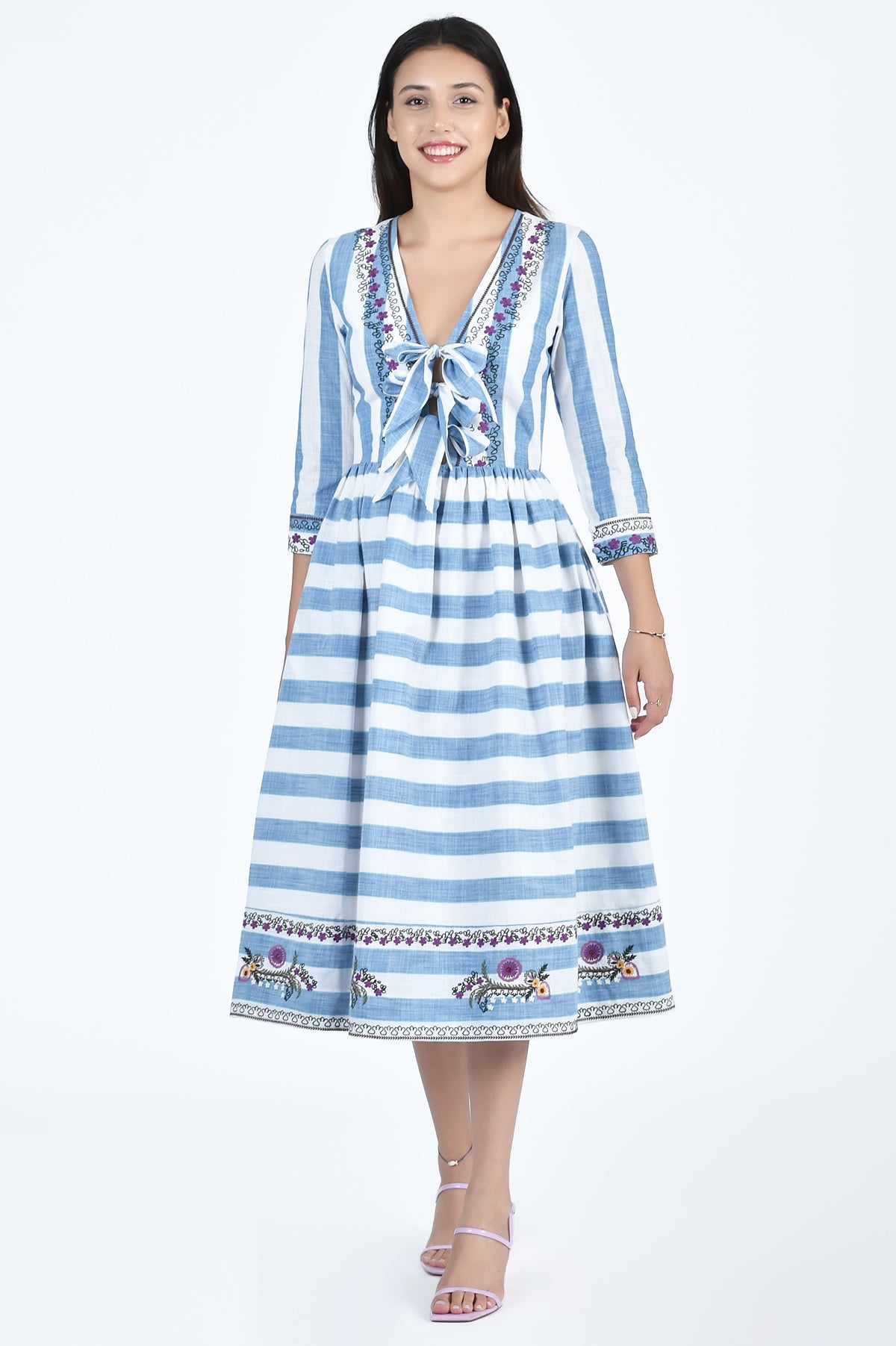 Souci Blue Stripes Midi Dress With Grapevine Inspired Floral Embroidery Details (Famn Mon Wombman Collection)
