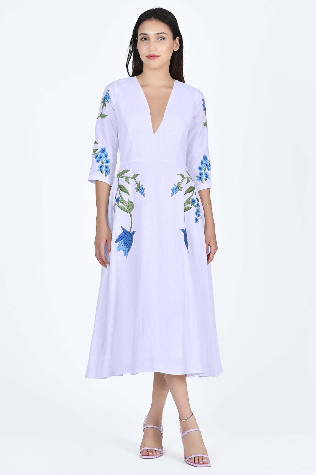 Fanm Mon Veronica Dress in Lilac with Blue Floral Embroidery