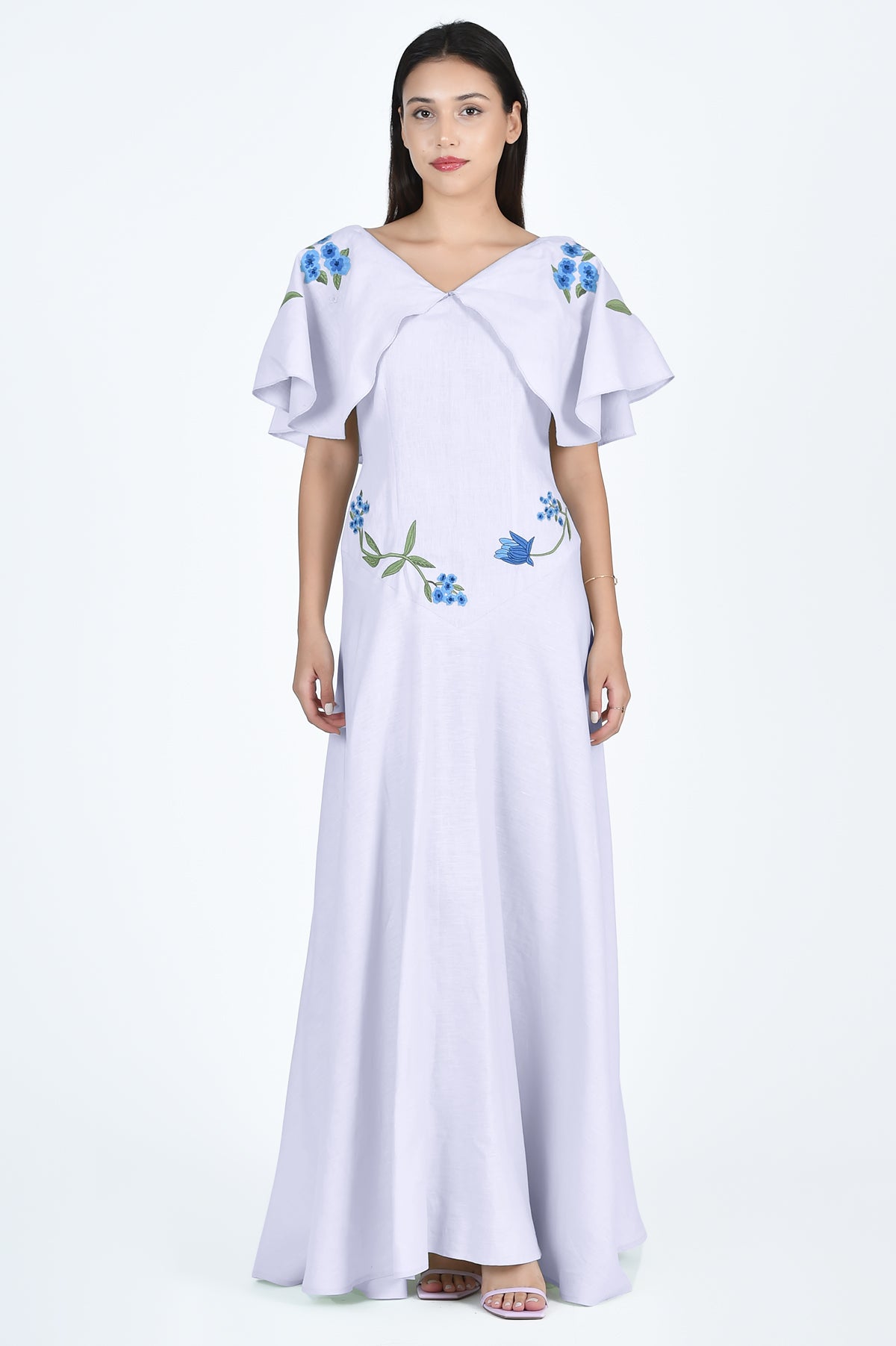 Alexis Maxi Dress in Lilac with floral embroidery and ruffled sleeves by Fanm Mon (Wombman Collection)