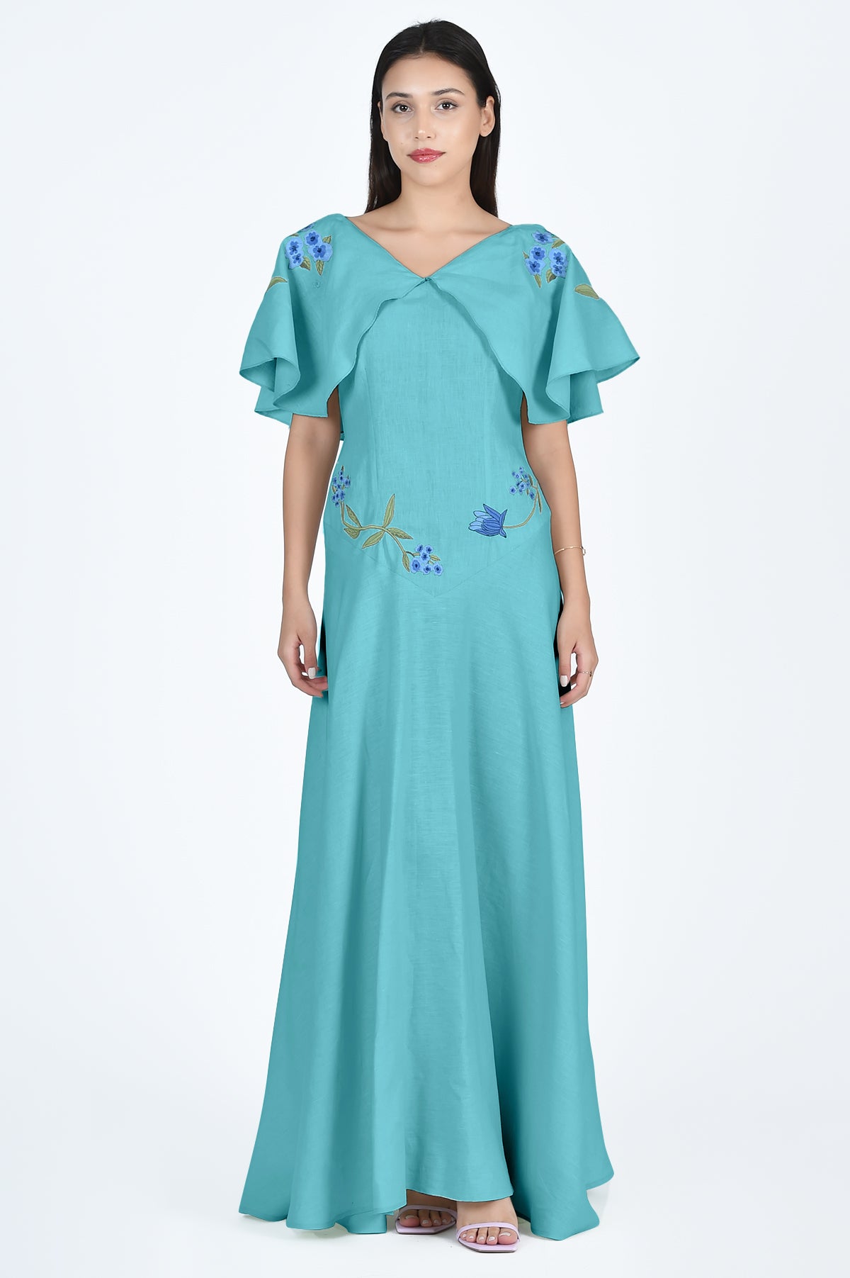 Alexis Dress In Teal with Blue and Green Floral Embroidery Part of the Wombman Collection by Fanm Mon