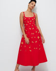 Amaracia Dress in Red Cotton with All Over Floral Embroidery Detail