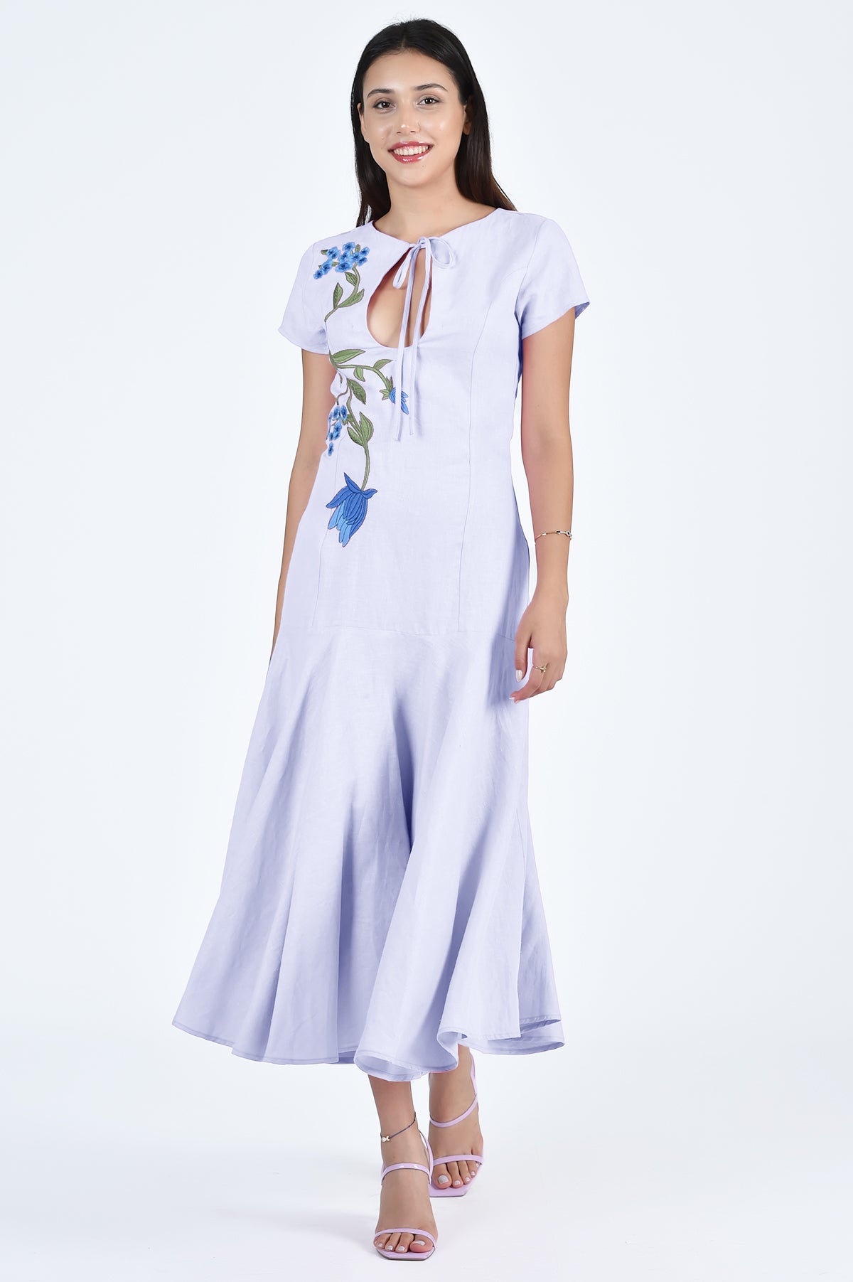 Fanm Mon Barbara Dress in Lilac with Floral Embroidery and Cap Sleeve Details